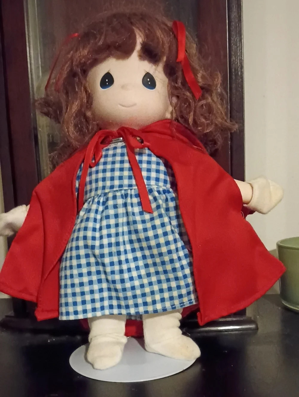 Precious Moments Red-Cape Doll with Blue Gingham Dress